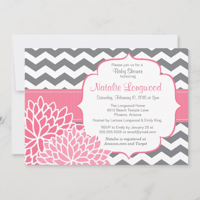 Invitation Chevron Floral bébé ou nuptiale douche rose chaud (Devant)