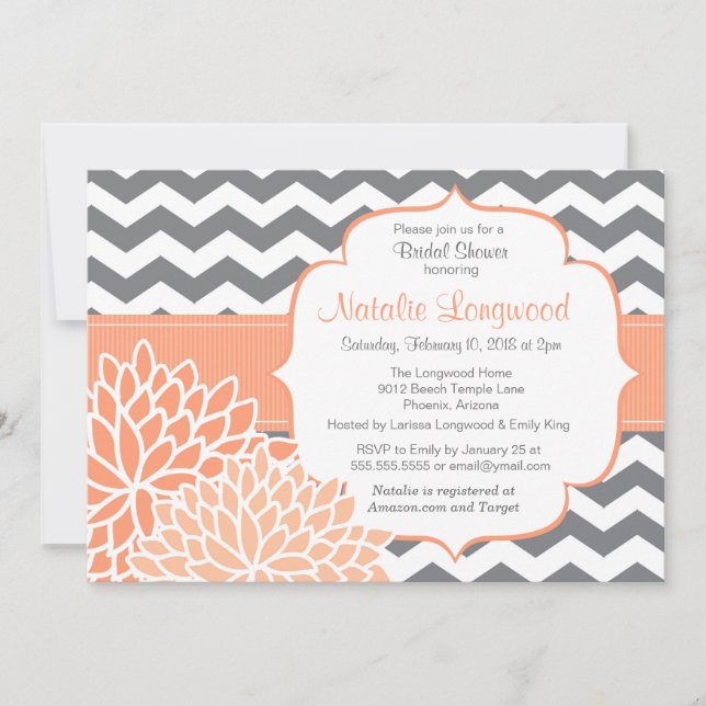 Invitation Chevron Floral moderne bébé ou nuptiale douche pêc (Devant)