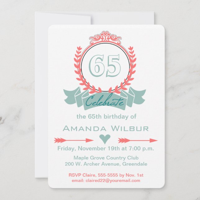 Invitation Chevron moderne Coral Blue 65e anniversaire Invita (Devant)