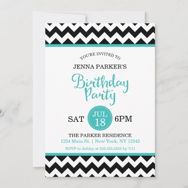 Invitation Chevron moderne noir et turquoise fête d'anniversa (Devant)