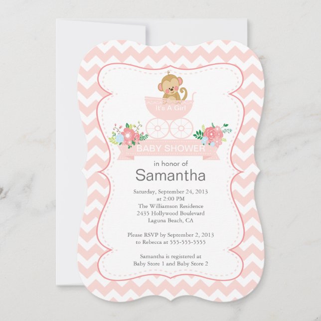 Invitation Chevron Monkey Dans Le Baby shower Carriage Girls (Devant)