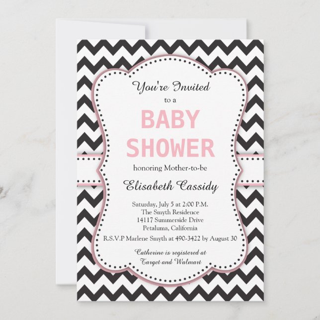 Invitation Chevron noir et blanc, rose, Baby shower (Devant)