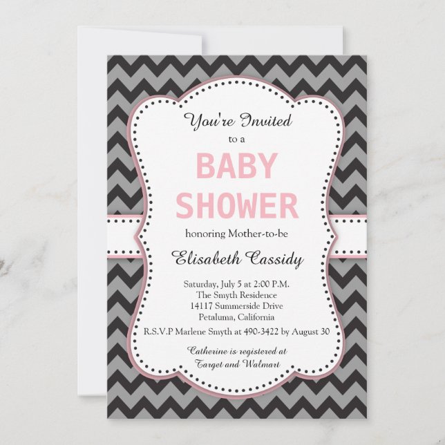 Invitation Chevron noir et gris, Baby shower rose (Devant)