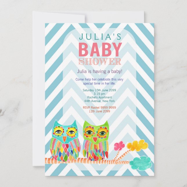 Invitation Chevron Rainbow Owens in Tree Baby shower Invitati (Devant)