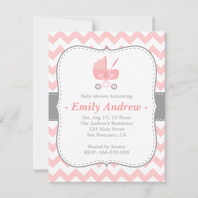 Invitation Chevron rose et blanc de baby shower - avec la (Devant)