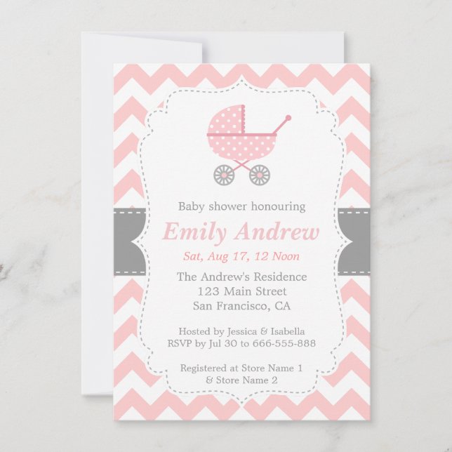 Invitation Chevron rose et blanc, poussette, douche de bébé (Devant)