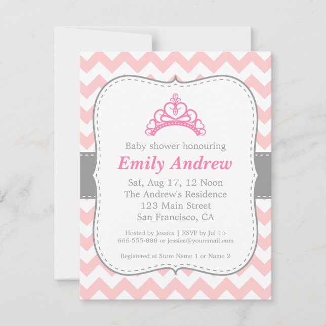 Invitation Chevron rose et blanc, Princesse Baby Girl Showeus (Devant)