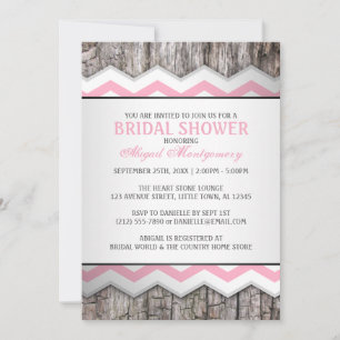 Invitation Chevron rose et Fête des mariées rustique bois