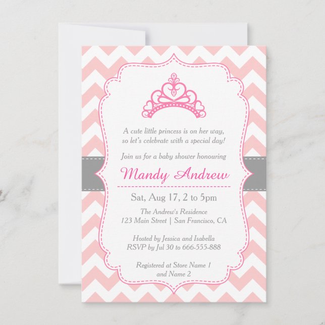 Invitation Chevron rose, princesse couronne, Baby shower fémi (Devant)