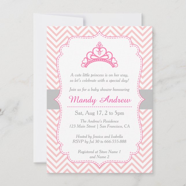 Invitation Chevron rose, princesse Crown, baby shower de (Devant)
