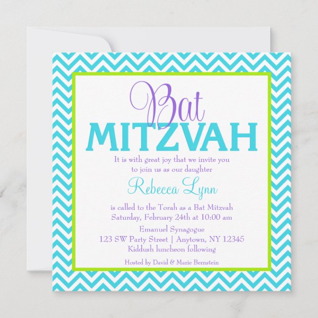 Invitation Chevron violet Turquoise bleu vert Bat mitzvah (Devant)