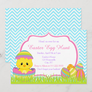 Invitation Chevrons Bleus Chick de Pâques Chasse aux oeufs de
