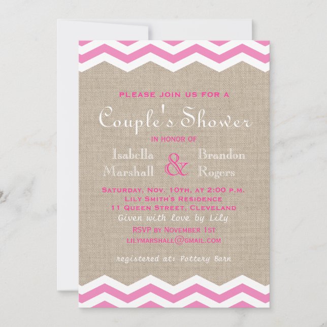 Invitation Chevrons roses sur Burlap Couple's Shower Invitati (Devant)