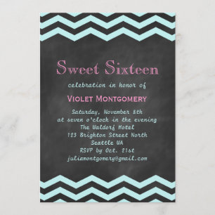 Invitation Chevrons Turquoise sur Chalkboard Sweet 16 Invitat