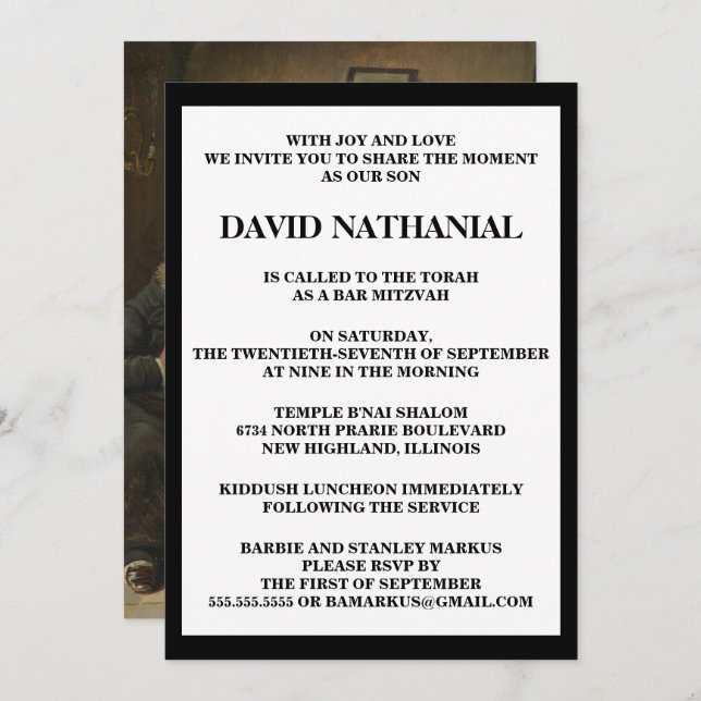 Invitation "Chez le rabbin" par Carl Schleicher Bar Mitzvah (Devant / Derrière)