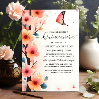 Invitation Chez Wood Tree Rose Girl Cherry Blossom Quinceaner