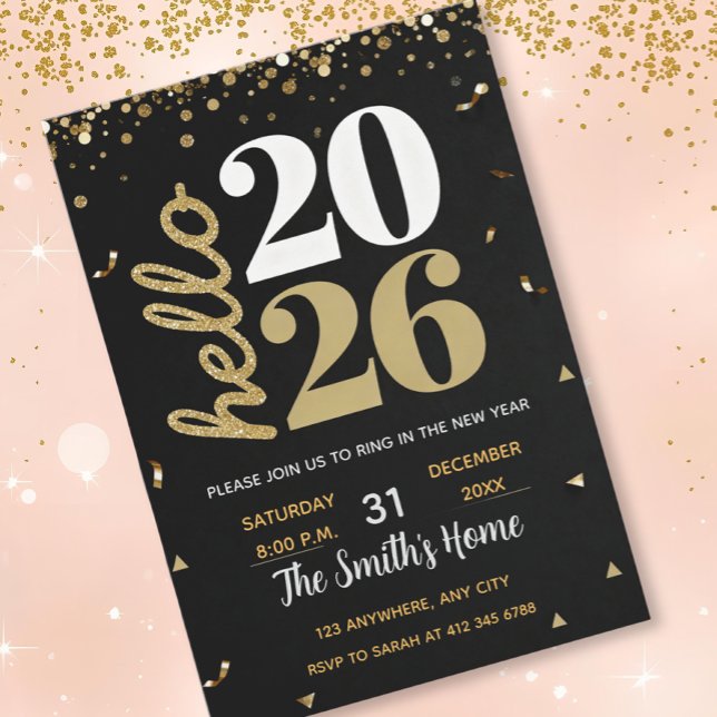 Invitation Chic 2026 New Year' Eve Party Gold Glitter Black  (Créateur téléchargé)