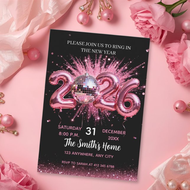 Invitation Chic 2026 New Year' Eve Party Pink Glitter Black  (Créateur téléchargé)