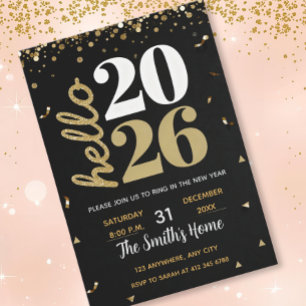 Invitation Chic 2026 Soirée du Nouvel An Paillettes Dorées No