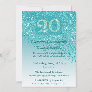 Invitation Chic 20e Anniversaire Paillettes Bleu Canard