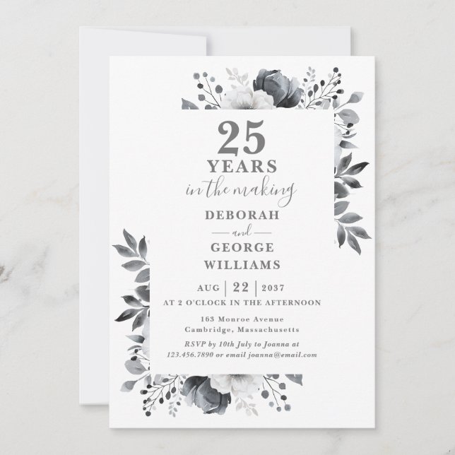 Invitation Chic 25e anniversaire Mariage Monogramme Floral (Devant)