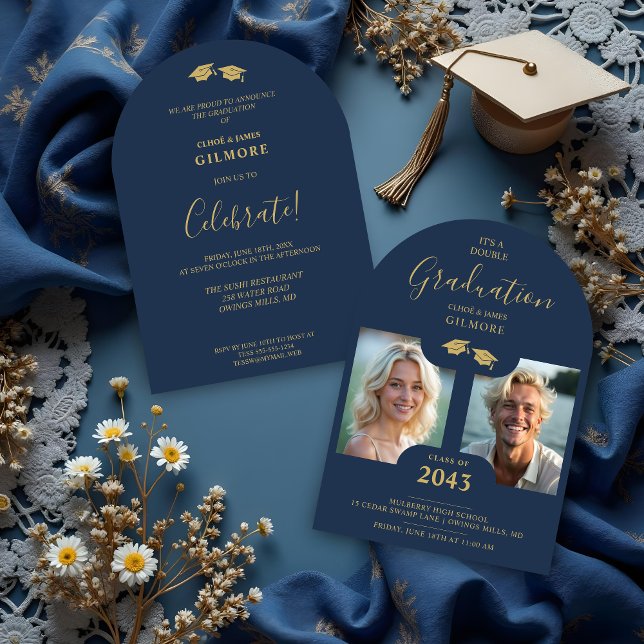 Invitation Chic 2-Photo Twins Graduation Fake Golden Blue (Chic 2-Photo Double Twins Graduation Fake Golden and Blue Whimsical Modern Calligraphy Invitation.)