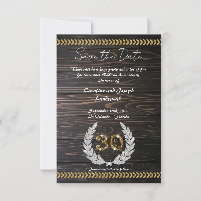 Invitation Chic 30e anniversaire Bois & Or Enregistrer la dat (Devant)