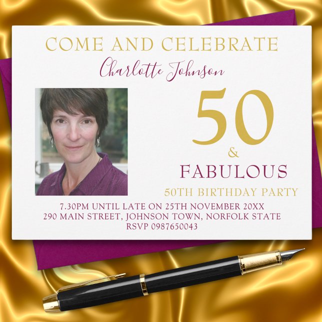 Invitation Chic 50 et Fabulous Photo 50th Birthday Party (50 and fabulous elegant 50th birthday party invitation with photo template gold and purple)