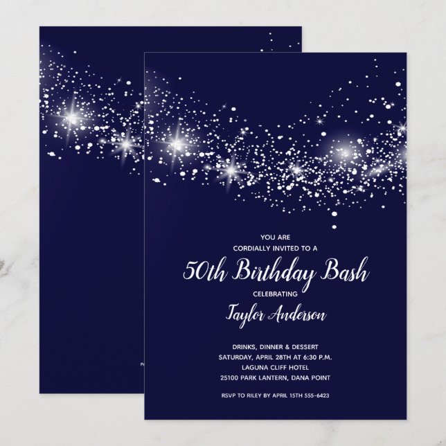 Invitation Chic 50e Anniversaire Etoiles Marine Bleu (Devant / Derrière)