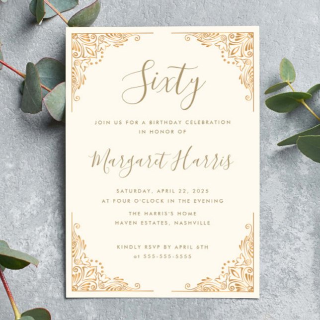 Invitation Chic 60ème Soixante Gold Frame Cream Anniversaire (Créateur téléchargé)