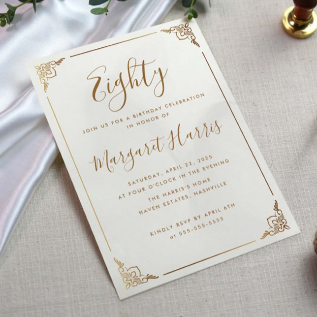 Invitation Chic 80e Huitième Gold Frame Calligraphie Annivers (Créateur téléchargé)