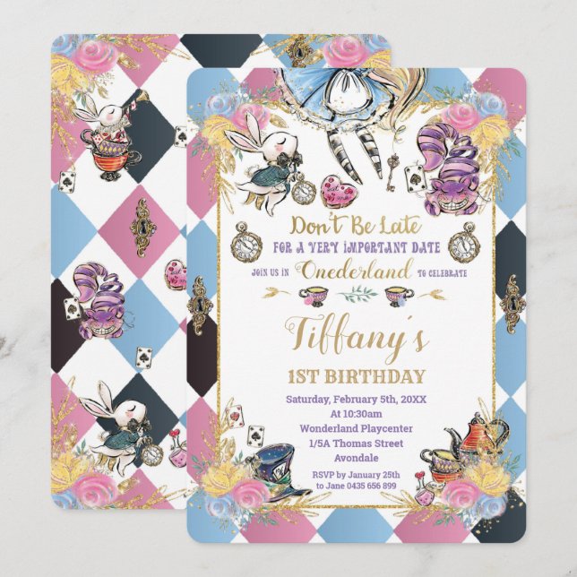 Invitation Chic Alice au pays des merveilles 1er anniversaire (Devant / Derrière)