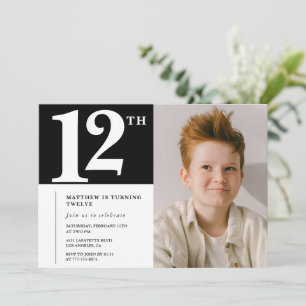 Invitation chic anniversaire 12 ans Noir Blanc Pho