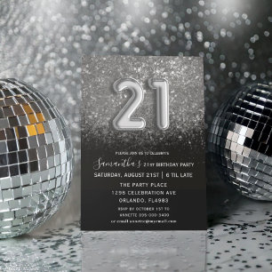 Invitation Chic Anniversaire 21 Ans Noir Balloon Type Argenté