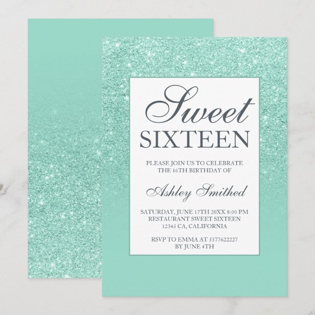 Invitation Chic aqua parties scintillant élégant chic Sweet 1 (Devant / Derrière)