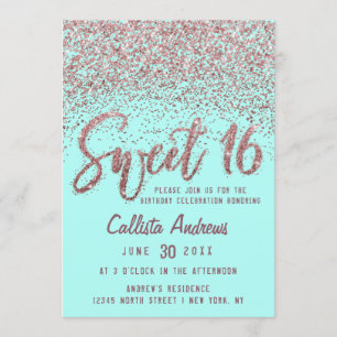 Invitation Chic Aqua Rose Or Parsemé Parties scintillant douc