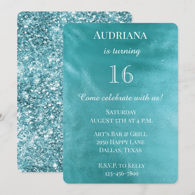 Invitation Chic Aqua Turquoise Blue Glam Anniversaire (Devant / Derrière)