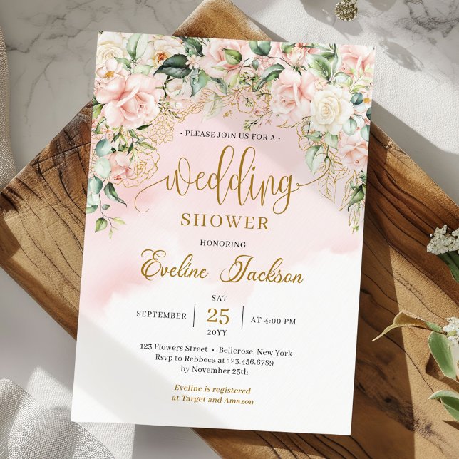 Invitation Chic aquarelle bleu fleurs or wedding shower (Chic watercolor blush flowers eucalyptus and gold wedding shower invitation digital)