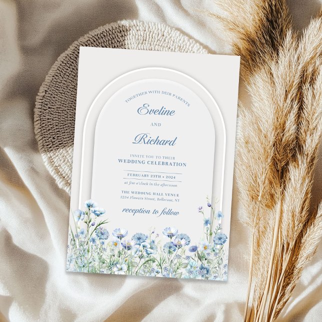 Invitation Chic aquarelle bleu roux fleurs sauvages arche boh (Chic watercolor dusty blue wild flowers boho arch invitation)