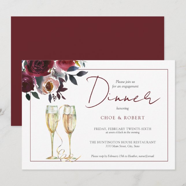 Invitation Chic Aquarelle Bourgogne Floral Dîner Fiançailles (Devant / Derrière)