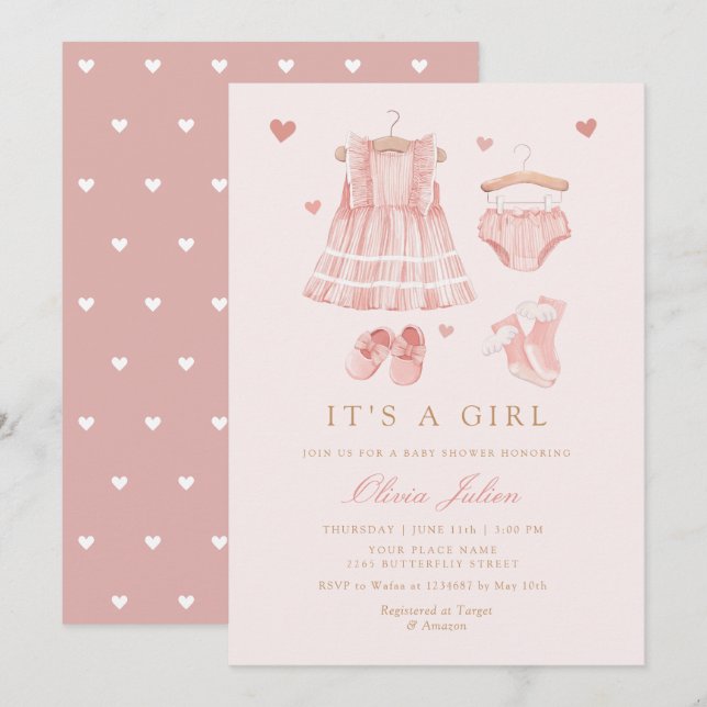 Invitation Chic Aquarelle Cute Boho Vêtements Fille Baby show (Devant / Derrière)