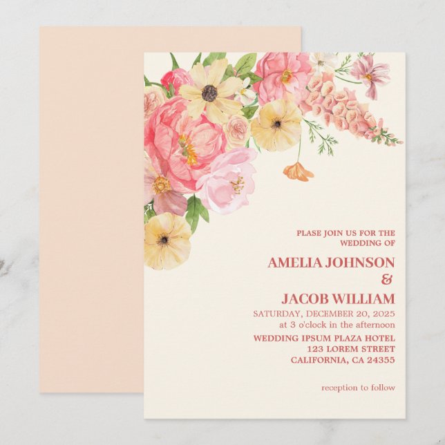 Invitation Chic Aquarelle fleurie beurre pêche jaune Mariage (Devant / Derrière)