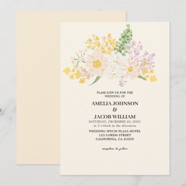 Invitation Chic Aquarelle fleurie beurre pêche jaune Mariage (Devant / Derrière)