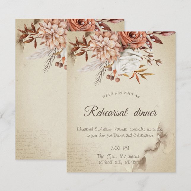 Invitation Chic Aquarelle Fleurs d'automne Dîner de répétitio (Devant / Derrière)