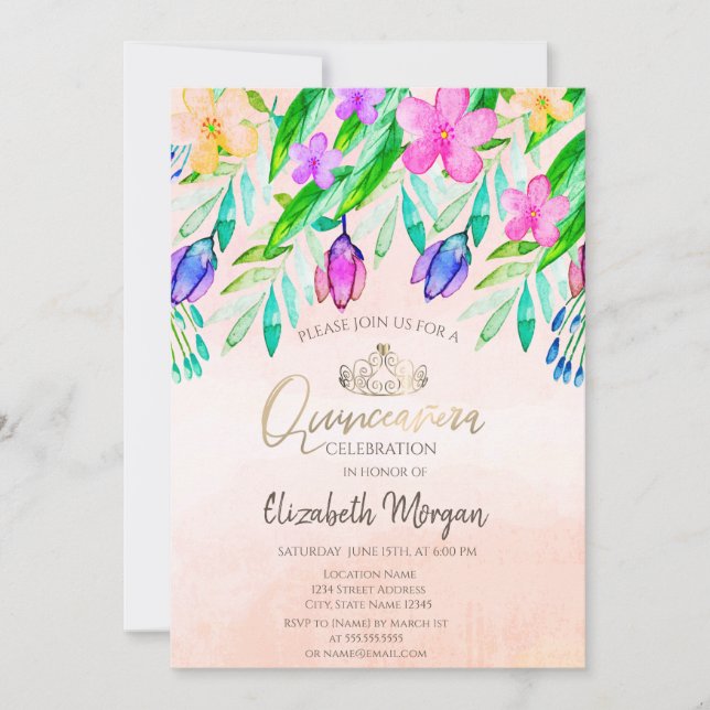 Invitation Chic Aquarelle Fleurs de Printemps Quinceañera (Devant)