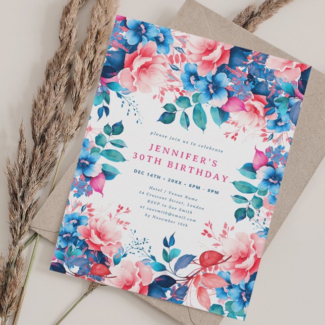 Invitation Chic Aquarelle Floral 30e anniversaire (Chic Watercolor Floral 30th Birthday Invitation)