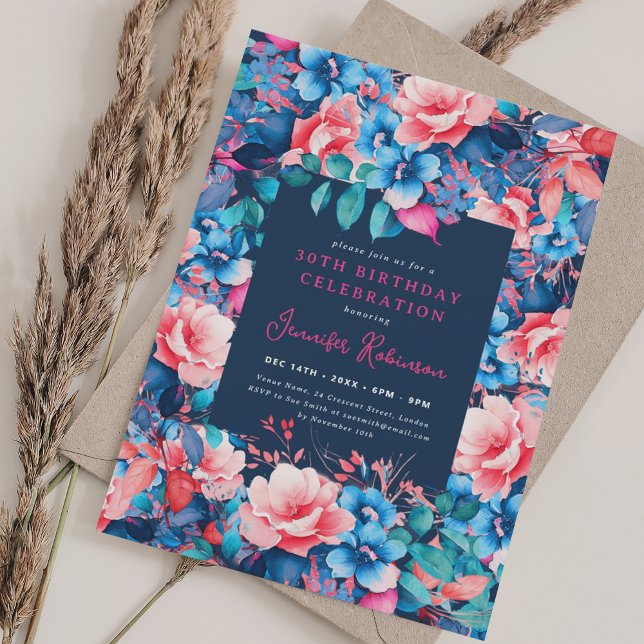 Invitation Chic Aquarelle Floral 30e Anniversaire Marine Bleu (Chic Watercolor Floral 30th Birthday Navy Blue Invitation)
