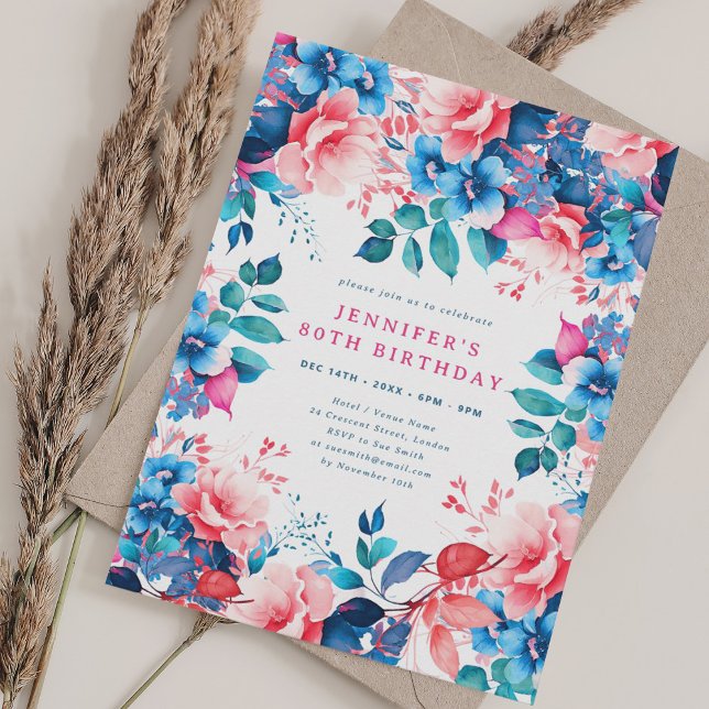 Invitation Chic Aquarelle Floral 80e anniversaire (Chic Watercolor Floral 80th Birthday Invitation)