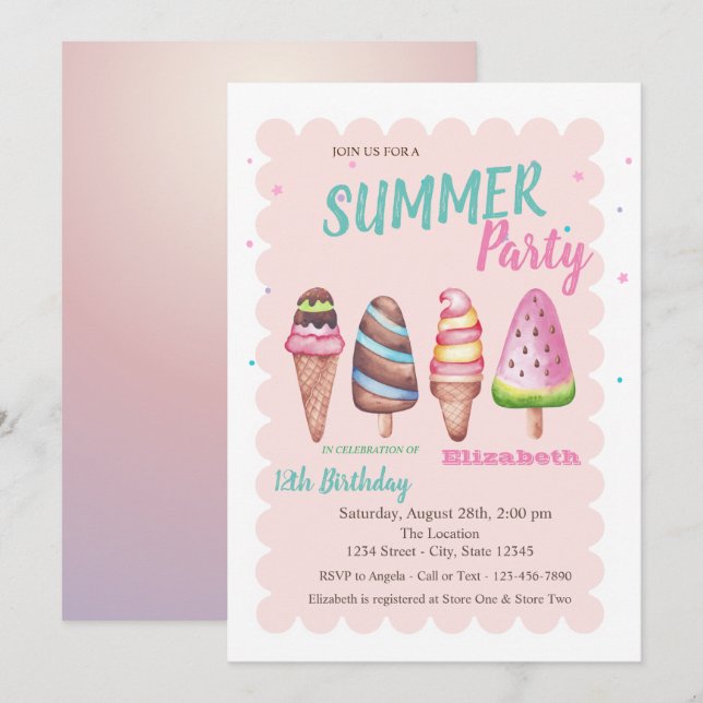 Invitation Chic aquarelle Glaces Fête d'été (Devant / Derrière)