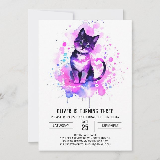 Invitation Chic Aquarelle Kitty Anniversaire (Devant)
